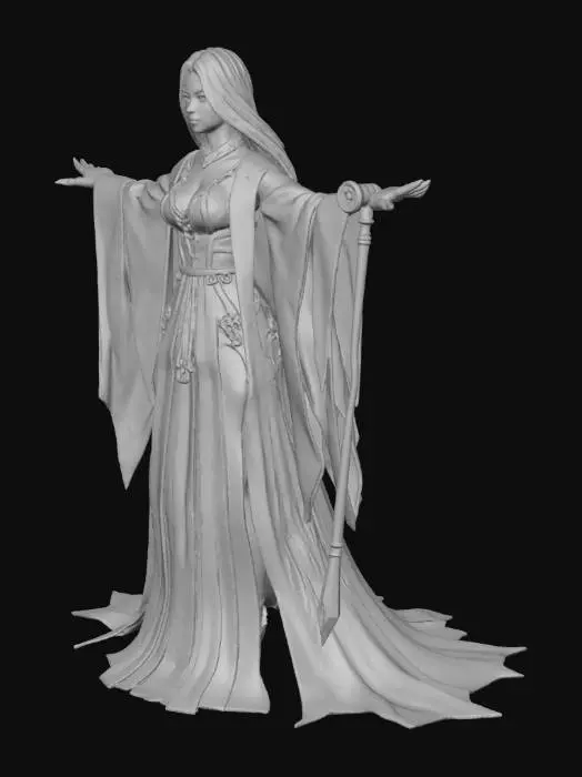 3D model for Subject/Sex	A female goddess character
Pose	, T-pose, full body
Role/Concept	, Wuxia style, Cultivation style
Details	, elegant flowing white and blue robes, long black hair, holding a jade staff, highly detailed face
Quality	, game asset, high resolution, 3D model