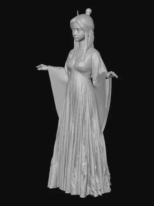 3D model for A female cultivator character, T-pose, full body, Donghua style, Xianxia aesthetic, elegant flowing white and purple robes, delicate silver hairpin, **beautiful face, perfect anatomy, highly detailed eyes, stunning portrait**, 3D model, high resolution, game asset.