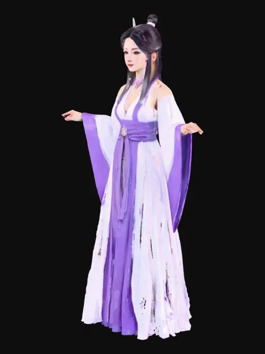 3D model for A female cultivator character, T-pose, full body, Donghua style, Xianxia aesthetic, elegant flowing white and purple robes, delicate silver hairpin, **beautiful face, perfect anatomy, highly detailed eyes, stunning portrait**, 3D model, high resolution, game asset.