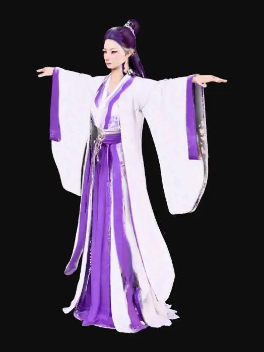 3D model for T-pose female model, full body, standard t-pose for rigging and animation, rig ready, Donghua style, Xianxia aesthetic, cultivator character, elegant flowing white and purple robes, delicate silver hairpin, beautiful face, perfect anatomy, highly detailed eyes, stunning portrait, 3D model, high resolution, game asset, single character.
