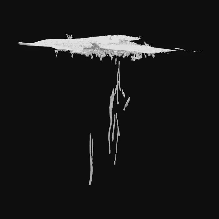 3D model for Create a high-resolution 3D model of an underwater oil plume caused by an oil spill. The plume should consist of multiple elongated tendrils of viscous, dark brown oil dispersing into clear water. Emphasize realistic fluid dynamics with smooth, semi-transparent surfaces, glossy reflections, subtle turbidity and suspended particles. Include volumetric density gradients (thicker at the source, gradually fading outward) and light scattering effects from a soft, top-down underwater illumination. Output as a high-polygon mesh with PBR materials (albedo, roughness, normal, transmission) and volumetric data, ready for real-time rendering or further simulation.