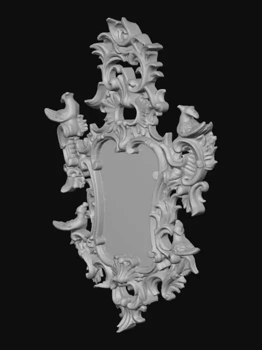 3D model for An ornate, antique gilded mirror featuring a rococo style frame. The frame is crafted from aged, slightly distressed wood, textured with intricate carvings of scrolling acanthus leaves and flourishes, exhibiting a rich, dull gold finish with hints of darker patina in the crevices. Four distinct, finely detailed bird figures with textured feathers are perched symmetrically on the upper and lower sides of the irregularly shaped, reflective glass pane, adding to its elaborate, sculptural appearance.