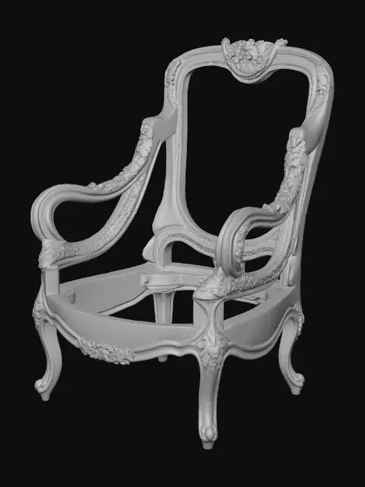 3D model for An ornate, unpolished wooden chair frame, exhibiting a rich, light to medium brown natural wood color with visible grain. Its Rococo-inspired design features gracefully curved cabriole legs with subtle claw feet, and elegantly scrolled armrests. Intricate, detailed carvings of floral and leaf motifs adorn the armrests, front apron, and particularly the crest rail of the high back, giving it a tactile, textured surface that contrasts with the smoother polished sections. The frame has an open seat and back, ready for upholstery.