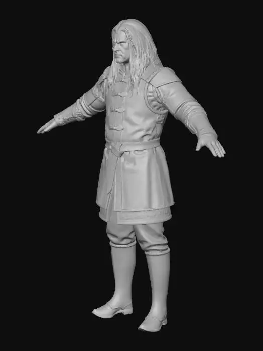 3D model for Postava Slovanskeho temneho bojovnika, dlhe vlasy, potetovana tvar, dark fantasy style, pohlad z predu , cele telo ,brnenie realisticke opotrebovane hlavne z koze, vlasy havranie cierne