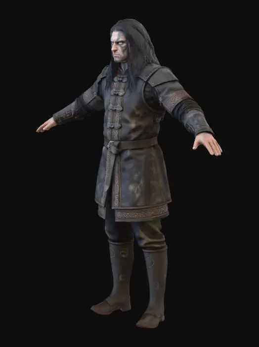 3D model for Postava Slovanskeho temneho bojovnika, dlhe vlasy, potetovana tvar, dark fantasy style, pohlad z predu , cele telo ,brnenie realisticke opotrebovane hlavne z koze, vlasy havranie cierne