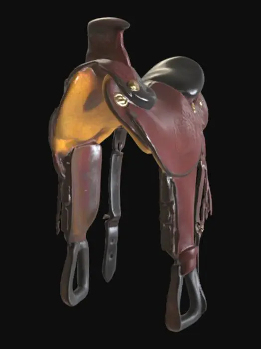 3D model for A detailed, high-quality Western horse saddle made of rich dark brown leather with black leather seat. The saddle features engraved floral tooling on the leather skirts and fenders. It has gold decorative conchos, sturdy metal rings for tack attachment, and a prominent horn at the front. The seat is ergonomically shaped and cushioned, with a smooth black finish. The stirrups are solid, shaped, and attached with adjustable leather straps. The underside of the saddle is padded with soft yellow fleece for comfort. Realistic textures and accurate proportions. Designed for photorealistic rendering or 3D printing.