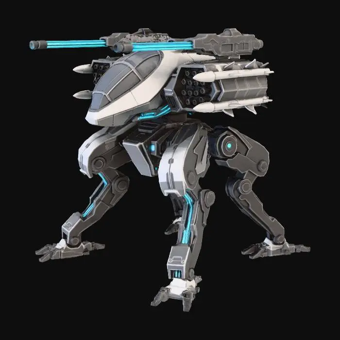 3D model for mech con 4 gambe 2 fucili laser e 2 rack lanciamissili . il cockpit deve essere affusolato e bello