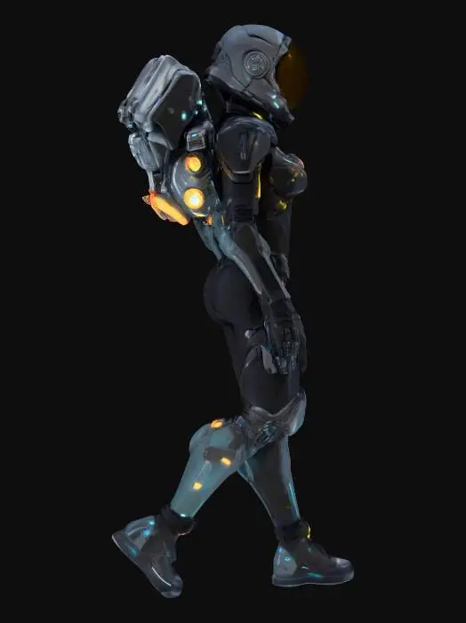 3D model for Ultra-realistic full body sci-fi female astronaut in advanced, futuristic space suit with sleek black armor plating, integrated glowing neon accents, illuminated visors displaying holographic HUDs, intricate cybernetic details, in walking pose