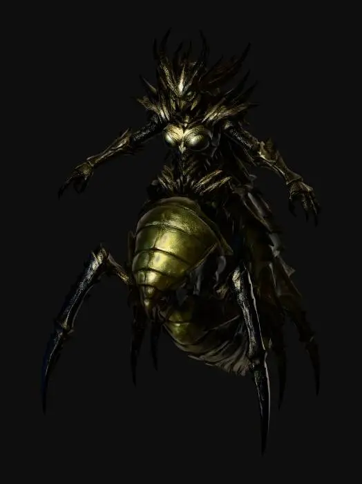 3D model for Insectoid Alien Queen, full body side view, strict profile view (90 degree), T-pose, 3D character model sheet, neutral pose for sculpting, clean silhouette, transparent background, no environment

Dark sci-fi cosmic horror alien queen inspired by Lovecraft and grimdark war aesthetics.
Tall insectoid body with humanoid upper torso and massive ant-like segmented abdomen.

Design features:

Hard chitin exoskeleton, matte black with subtle dark green undertone

Crown-like horn structure sweeping backward from the head

Sharp mandibles, no human lips

Narrow glowing eyes (soft green emissive, not overly bright)

Broad armored chest plate (non-sexualized, alien anatomy)

Four upper limbs (main arms extended in T-pose, secondary smaller arms folded close to torso)

Six lower insect legs attached