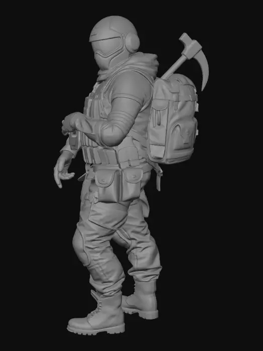 3D model for Le personnage adopte la silhouette compacte et dynamique typique de Brawl Stars, mais avec l'équipement tactique détaillé de Fortnite.

Le Masque : Il porte un casque intégral de style "super-soldat" ou "cyber-ninja". Le masque possède des visières lumineuses (souvent oranges ou bleues) qui lui donnent un air mystérieux et intimidant, rappelant les skins légendaires comme Nomade ou Oméga.

Le Corps : Il est équipé d'une armure légère et tactique. On y voit des sangles, des genouillères et des petites sacoches de ceinture pour ranger des munitions ou des potions de bouclier. Les couleurs dominantes sont le bleu marine et l'orange vif, créant un contraste très "gaming".

L'Accessoire Dorsal : Fidèle à l'esprit Fortnite, il porte un sac à dos militaire sur lequel est fixée une pioche imposant