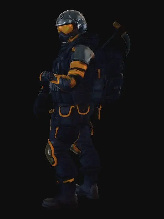 3D model for Le personnage adopte la silhouette compacte et dynamique typique de Brawl Stars, mais avec l'équipement tactique détaillé de Fortnite.

Le Masque : Il porte un casque intégral de style "super-soldat" ou "cyber-ninja". Le masque possède des visières lumineuses (souvent oranges ou bleues) qui lui donnent un air mystérieux et intimidant, rappelant les skins légendaires comme Nomade ou Oméga.

Le Corps : Il est équipé d'une armure légère et tactique. On y voit des sangles, des genouillères et des petites sacoches de ceinture pour ranger des munitions ou des potions de bouclier. Les couleurs dominantes sont le bleu marine et l'orange vif, créant un contraste très "gaming".

L'Accessoire Dorsal : Fidèle à l'esprit Fortnite, il porte un sac à dos militaire sur lequel est fixée une pioche imposant