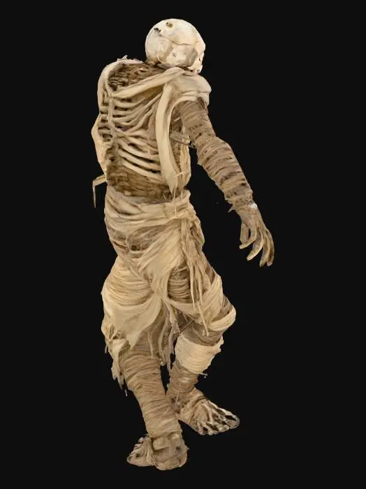 3D model for a mummified corpse, covered in some sort of cocoon, they have a horrific expression on their face, A-pose