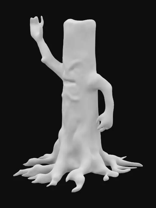 3D model for A dynamic treant with a towering, gnarled wooden body, one arm raised as if preparing to strike or defend, and the other bent forward in a protective stance. The legs are spread wide, with roots partially exposed, giving a sense of movement. The face has large, expressive eyes and a mouth carved into the bark, with rough textures on the body to imply strength, but avoiding intricate details. The design should focus on smooth, rounded surfaces and simple shapes
