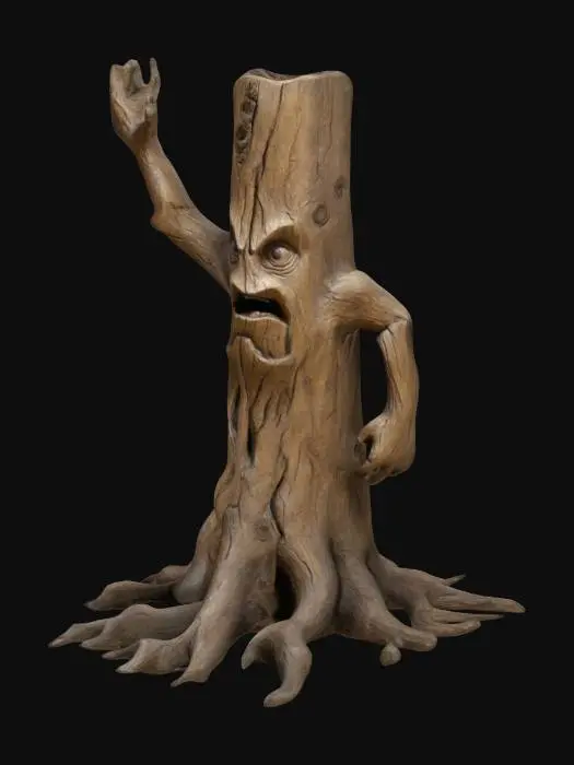 3D model for A dynamic treant with a towering, gnarled wooden body, one arm raised as if preparing to strike or defend, and the other bent forward in a protective stance. The legs are spread wide, with roots partially exposed, giving a sense of movement. The face has large, expressive eyes and a mouth carved into the bark, with rough textures on the body to imply strength, but avoiding intricate details. The design should focus on smooth, rounded surfaces and simple shapes