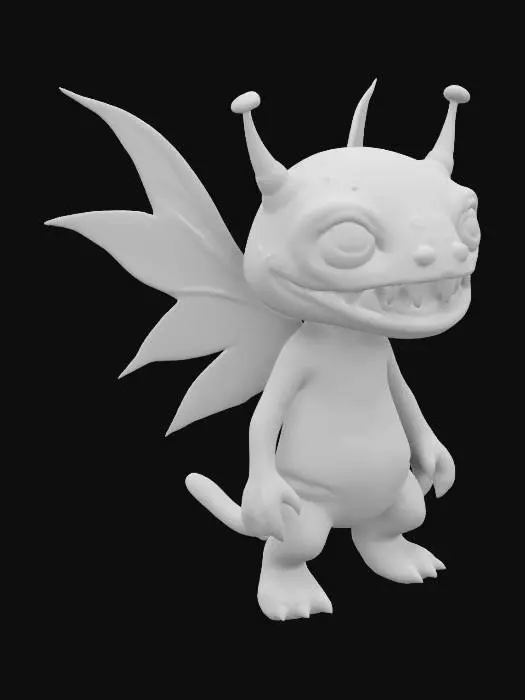 3D model for #fairy#, monster with chibi head sharp but cute teeth, adorable look, colorfull fairy wings, blue and red body with spots, derpy look on his face, 