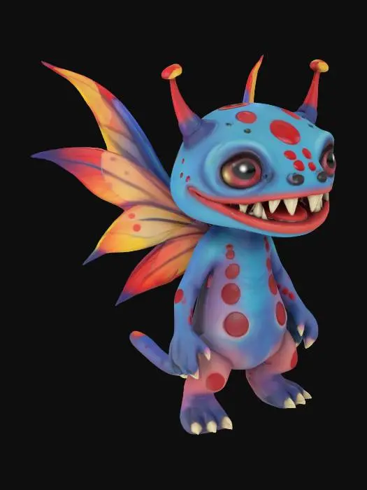 3D model for #fairy#, monster with chibi head sharp but cute teeth, adorable look, colorfull fairy wings, blue and red body with spots, derpy look on his face, 