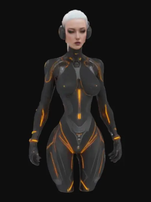 3D model for a futuristic cyberpunk high fashion Cyborg woman, minimalistic sleek tech design, glowing elements, tech high fashion sexy dress and jewelry   #realistic# #animation# #AI# #future#