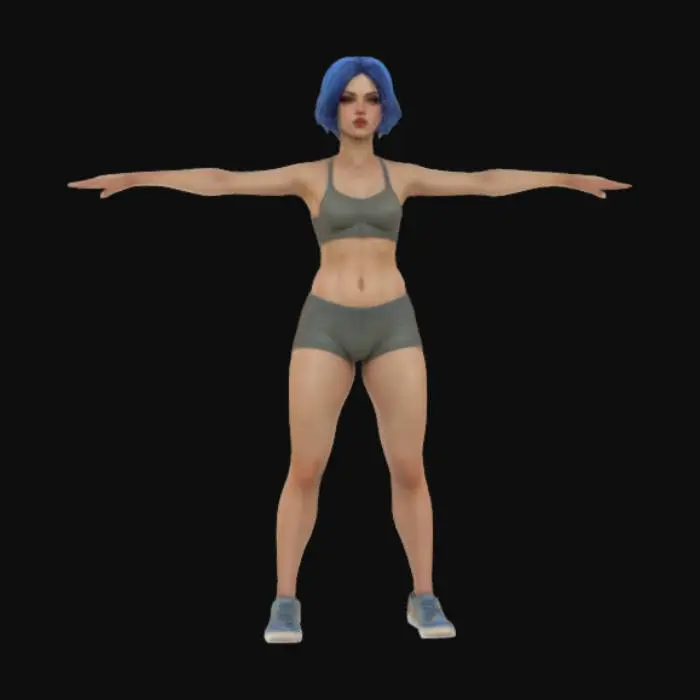 3D model for A realistic human. An athletic woman, T-pose. Her face is realistic. Beautiful lips and a realistic nose. Her body is athletic and hourglass-shaped.
Malcolm Liepke art style, Adult gorgeous 
underwear woman with legs squared off, Highly Detailed, Full Body realistic, she has a short blue hair, the texture is clean and has no defects