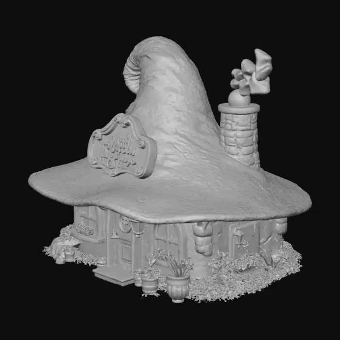 3D model for A 3D render of a witch's magical potion shop, shaped like a giant, weathered witch's hat with a mossy, tilted roof and a brick chimney puffing iridescent smoke. A deep purple wooden sign with golden cursive text reads 'Hecate's Elixirs.' The cozy, rustic building has bottle-glass windows glowing with warm light, an arched oak door, and a porch adorned with hanging herbs and glowing crystal lanterns. It's nestled in a mystical forest at twilight, with a path of glowing stones, bioluminescent mushrooms, and a bubbling copper cauldron by the entrance. The mood is whimsically eerie, mysterious, and warmly inviting. Cinematic, volumetric lighting, Pixar-style, hyperdetailed, vibrant colors。