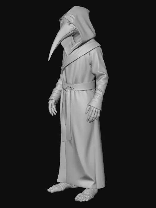 3D model for Low poly 3D model of SCP-049 (The Plague Doctor) designed for a game asset. Stylized low-poly character with smooth surfaces and clean topology. Wearing a long plague doctor robe, hood, and the iconic long beaked mask. Minimal geometric details, simplified folds in the robe, large triangular shapes. 
Hands visible with long sleeves, slightly eerie posture. Game-ready asset, optimized topology, triangles under 10,000. Single mesh where possible, separated parts for mask and body if needed. Smooth shading with minimal hard edges. Clean UV layout suitable for simple textures.
Neutral T-pose or relaxed standing pose. Centered model, no environment, no background elements. Low poly style similar to stylized indie horror games.
Materials: dark robe, pale mask, subtle worn look. Polycount 5k-7k