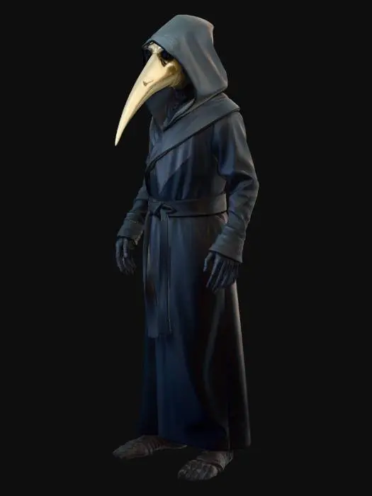 3D model for Low poly 3D model of SCP-049 (The Plague Doctor) designed for a game asset. Stylized low-poly character with smooth surfaces and clean topology. Wearing a long plague doctor robe, hood, and the iconic long beaked mask. Minimal geometric details, simplified folds in the robe, large triangular shapes. 
Hands visible with long sleeves, slightly eerie posture. Game-ready asset, optimized topology, triangles under 10,000. Single mesh where possible, separated parts for mask and body if needed. Smooth shading with minimal hard edges. Clean UV layout suitable for simple textures.
Neutral T-pose or relaxed standing pose. Centered model, no environment, no background elements. Low poly style similar to stylized indie horror games.
Materials: dark robe, pale mask, subtle worn look. Polycount 5k-7k