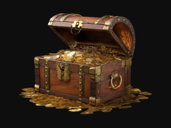 3D model for Classic wooden treasure chest overflowing with gold coins, jewels, and precious artifacts