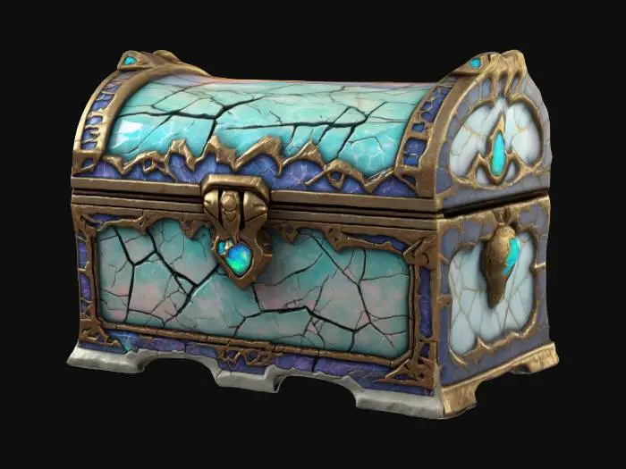 3D model for A mysterious treasure chest made of cracked porcelain, with resplendent glowing opal cracks. Ultra-high detail 3D game asset.