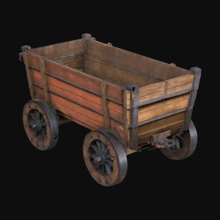 3D model for A classic wooden mine cart with metal wheels, designed for carrying ore through tunnels