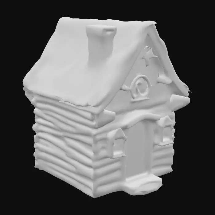 3D model for A weathered wooden house with a sloping, moss-covered roof. Use rough-hewn timber logs with uneven textures and visible axe marks. Include a sturdy arched oak door with iron hinges, small square windows with shutters, and rustic wooden carvings of protective runes (like twisted tree symbols). Blend dark fantasy aesthetics with rustic craftsmanship — think 'hunter's lodge meets cursed forest'.

Key details:

Materials: Aged pine wood with cracks and knot holes, reinforced with iron bands.

Roof: Steep pitch covered in patchy moss and lichen (10-20% coverage).

Textures: Rough, splintered wood grain; hand-carved details.
