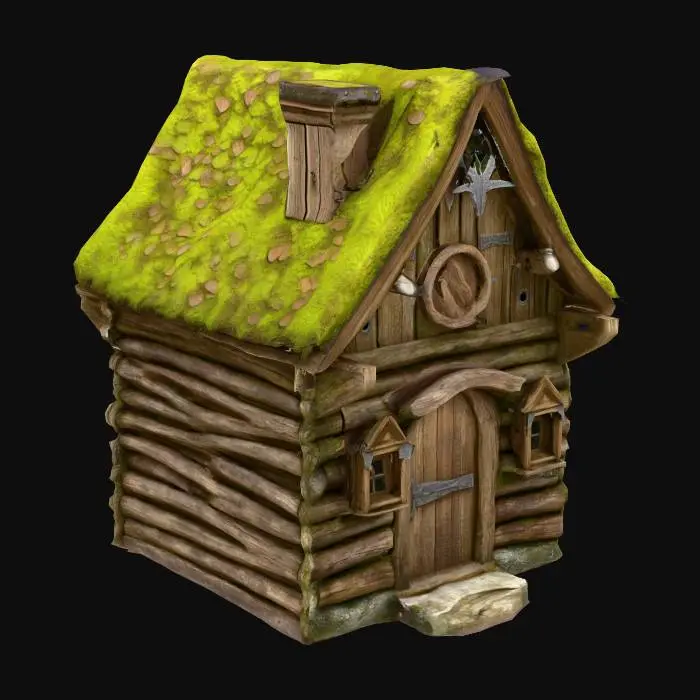 3D model for A weathered wooden house with a sloping, moss-covered roof. Use rough-hewn timber logs with uneven textures and visible axe marks. Include a sturdy arched oak door with iron hinges, small square windows with shutters, and rustic wooden carvings of protective runes (like twisted tree symbols). Blend dark fantasy aesthetics with rustic craftsmanship — think 'hunter's lodge meets cursed forest'.

Key details:

Materials: Aged pine wood with cracks and knot holes, reinforced with iron bands.

Roof: Steep pitch covered in patchy moss and lichen (10-20% coverage).

Textures: Rough, splintered wood grain; hand-carved details.