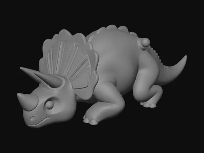 3D model for Create a high-quality 3D render of a baby triceratops in a chunky vinyl-toy art style. Use a clean left-side orthographic profile with zero perspective distortion. The creature should lie completely flat on its belly in a perfectly straight horizontal line from nose to tail. Its head rests fully on the ground with the neck extended forward. All four legs are splayed outward symmetrically in a relaxed, natural position: the front legs angled slightly forward and outward, and the back legs angled slightly backward and outward. Maintain smooth rounded shapes, simplified vinyl-toy proportions, perfect left-right symmetry, soft lighting, and a neutral background. Now generate this pose and style keeping body proportions cute, chunky, and toy-like.