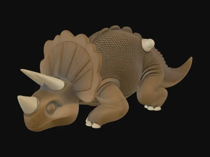 3D model for Create a high-quality 3D render of a baby triceratops in a chunky vinyl-toy art style. Use a clean left-side orthographic profile with zero perspective distortion. The creature should lie completely flat on its belly in a perfectly straight horizontal line from nose to tail. Its head rests fully on the ground with the neck extended forward. All four legs are splayed outward symmetrically in a relaxed, natural position: the front legs angled slightly forward and outward, and the back legs angled slightly backward and outward. Maintain smooth rounded shapes, simplified vinyl-toy proportions, perfect left-right symmetry, soft lighting, and a neutral background. Now generate this pose and style keeping body proportions cute, chunky, and toy-like.