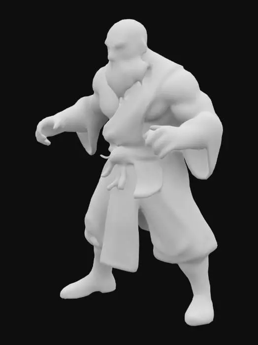 3D model for Build a muscular Dwarfen Monk. He should be unarmed. His outfit should look like the robes of a Tibetan monk. He should have a beard which reaches to his chest. And he should be bald. He should have a fighting pose. 