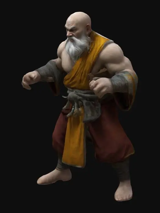 3D model for Build a muscular Dwarfen Monk. He should be unarmed. His outfit should look like the robes of a Tibetan monk. He should have a beard which reaches to his chest. And he should be bald. He should have a fighting pose. 
