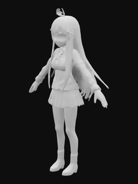 3D model for "High-poly anime-style 3D model of Shana from Shakugan no Shana in her iconic Japanese school uniform. Full-body model with anatomically correct and aesthetically pleasing proportions, A-pose for rigging. Flawless face, detailed fingers, slightly curvy but balanced anatomy. Long, loose hair with no body fusion. clear separation clothing layers. detailed visible underwear. Extreme geometric detail, realistic anime shading, natural hair, uniform wrinkles, and precise body symmetry. Rig-ready,