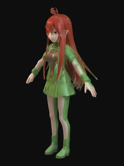 3D model for "High-poly anime-style 3D model of Shana from Shakugan no Shana in her iconic Japanese school uniform. Full-body model with anatomically correct and aesthetically pleasing proportions, A-pose for rigging. Flawless face, detailed fingers, slightly curvy but balanced anatomy. Long, loose hair with no body fusion. clear separation clothing layers. detailed visible underwear. Extreme geometric detail, realistic anime shading, natural hair, uniform wrinkles, and precise body symmetry. Rig-ready,