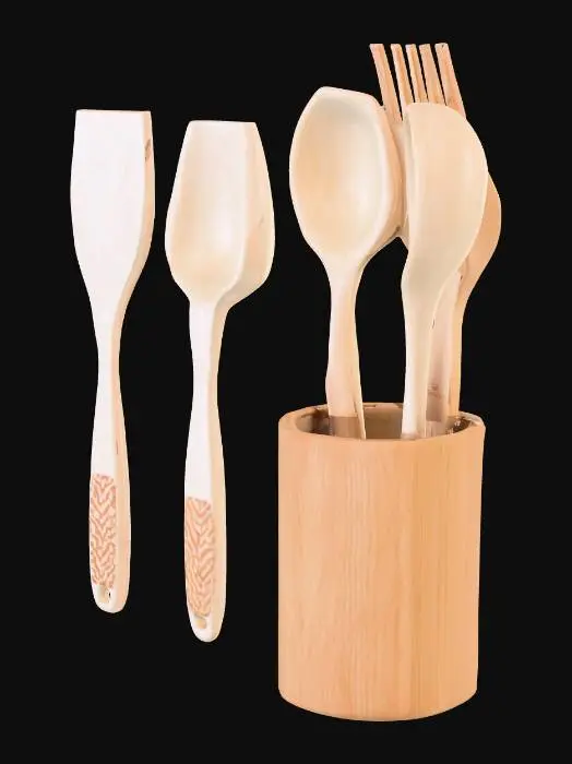 3D model for Amerika ve Kanada pazarına hitap eden premium bir ahşap spatula tasarımı oluştur. Spatula ergonomik, şık ve farklılaştırılmış bir görünüme sahip olmalı. Doğal ahşap dokusu sıcak tonlarda, yüzey pürüzsüz ve kaliteli görünsün. Sap kısmında benzersiz bir tasarım dokunuşu ekle (örneğin geometrik desen, hafif oyma veya metal detay). Ayrıca aynı anda 3 spatulayı tutabilen kompakt bir ahşap kaşıklık desteği tasarla. Tasarım kalıpla üretime uygun olmalı, STL veya STEP formatında çıktı alınabilir. Görsel olarak modern, minimal ve Amazon’da öne çıkacak şekilde estetik bir çizgiye sahip olsun.