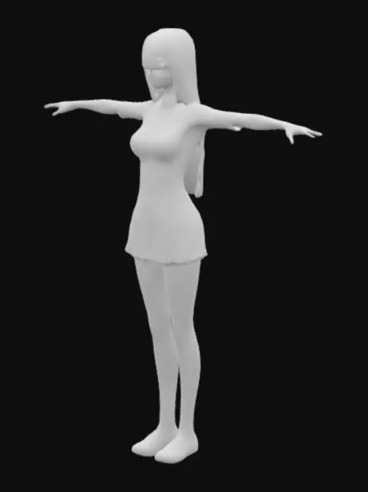 3D model for A slender Japanese woman in a 3D T-pose with long, straight black hair and blunt bangs. She wears a pink turtleneck sweater, a white pleated skirt, white thigh-high socks, and brown penny loafers. Her vivid green eyes add striking contrast, set against a neutral background for 3D modeling focus