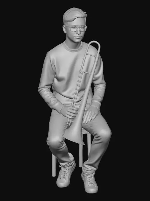 3D model for teenage boy (16 years old) holding a trombone sitting, wearing a grey sweater, blue jeans, 5.7ft tall, wears glasses #realistic#