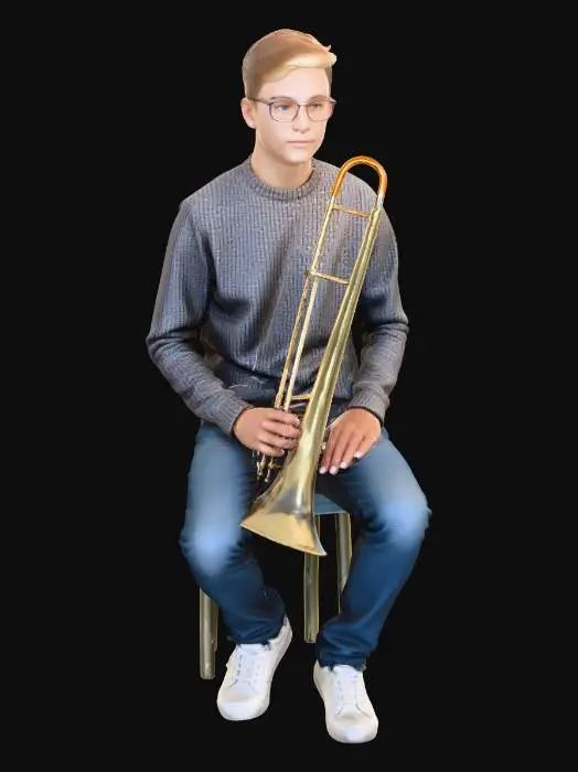 3D model for teenage boy (16 years old) holding a trombone sitting, wearing a grey sweater, blue jeans, 5.7ft tall, wears glasses #realistic#