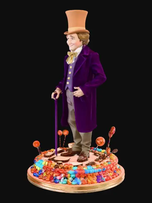 3D model for realistic full body model of Gene Wilder as Willy Wonker stood on a stand comprising of sweets