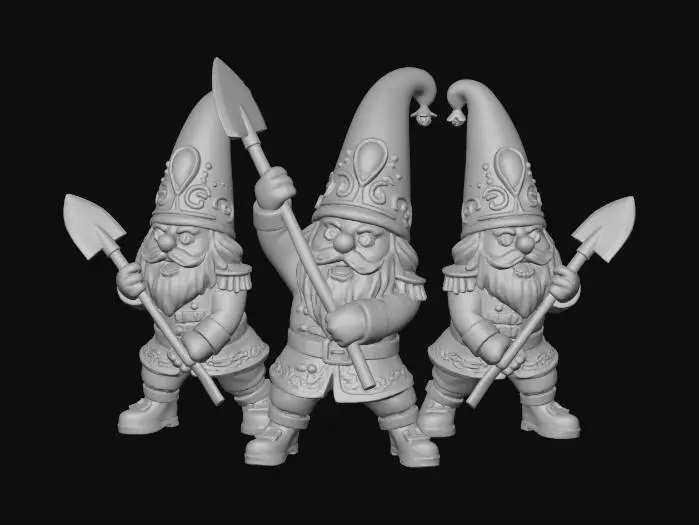 3D model for Shovel wielding gnomes dressed as Christmas nutcrackers prepare for an attack. Art style should remain cartoonish.