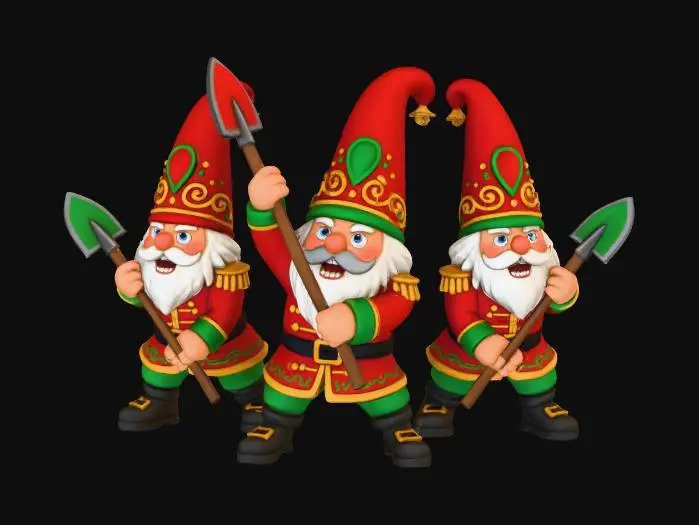 3D model for Shovel wielding gnomes dressed as Christmas nutcrackers prepare for an attack. Art style should remain cartoonish.