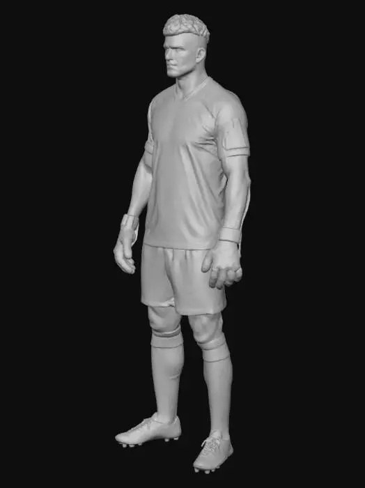 3D model for Ultra-realistic 3D model of a Moroccan football goalkeeper, full body, athletic and muscular physique, short black hair, light beard, medium-tan North African skin. Wearing the official Morocco kit: red textured jersey with green shoulder stripes, black shorts, green-black goalkeeper gloves, and black cleats. Add a small Moroccan flag patch on the chest and the number 1 on the back. Pose ready to save a penalty — knees bent, arms open, focused eyes. Use FIFA-style realism with 4K PBR textures, detailed fabrics, lifelike skin, stadium lighting reflections, realistic shadows, and clean topology, game-ready and rigged for animation.