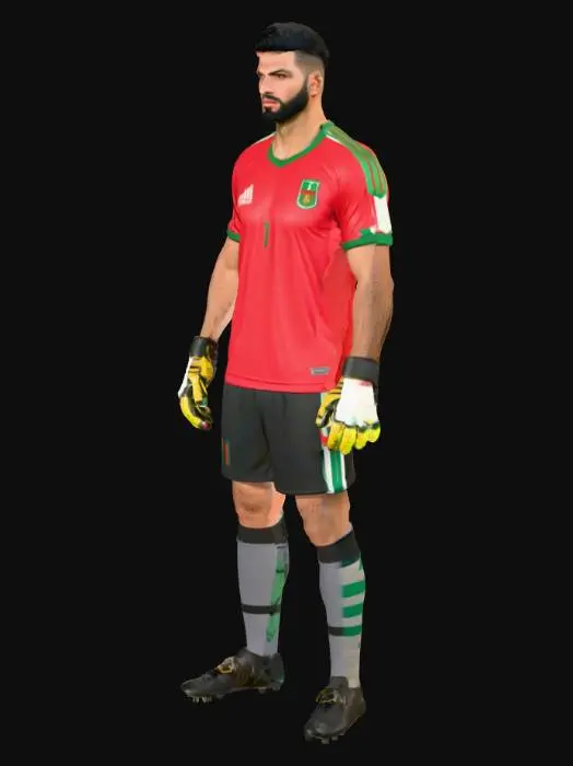 3D model for Ultra-realistic 3D model of a Moroccan football goalkeeper, full body, athletic and muscular physique, short black hair, light beard, medium-tan North African skin. Wearing the official Morocco kit: red textured jersey with green shoulder stripes, black shorts, green-black goalkeeper gloves, and black cleats. Add a small Moroccan flag patch on the chest and the number 1 on the back. Pose ready to save a penalty — knees bent, arms open, focused eyes. Use FIFA-style realism with 4K PBR textures, detailed fabrics, lifelike skin, stadium lighting reflections, realistic shadows, and clean topology, game-ready and rigged for animation.