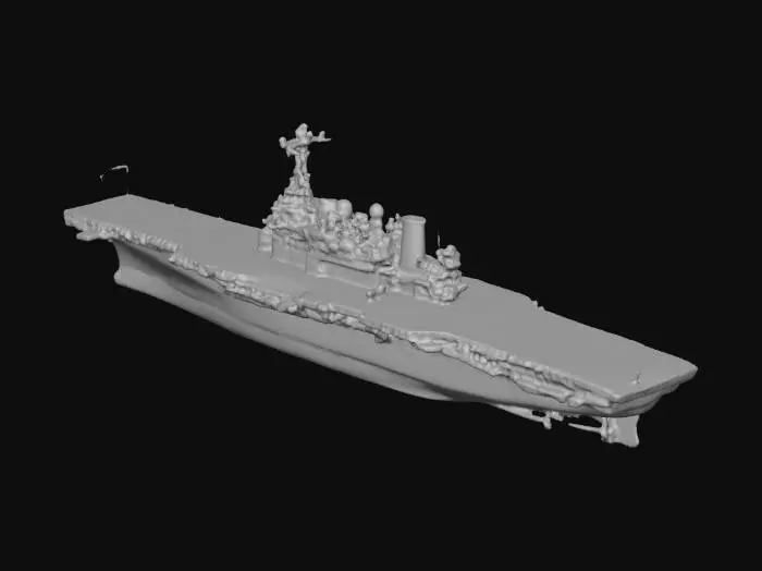 3D model for Ein massiver, realistischer Flugzeugträger aus dunkelgrauem, wetterfestem Stahl mit sichtbaren Schweißnähten und Nieten. Die Oberfläche zeigt eine raue, taktile Textur. Das riesige Deck ist mit klaren Markierungen und einer robusten, rutschfesten Oberfläche versehen. Antennen und Aufbauten sind detailliert aus mattem Metall gefertigt, alles in einem funktionalen, industriellen Look.