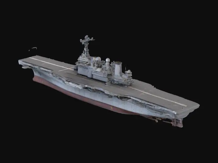 3D model for Ein massiver, realistischer Flugzeugträger aus dunkelgrauem, wetterfestem Stahl mit sichtbaren Schweißnähten und Nieten. Die Oberfläche zeigt eine raue, taktile Textur. Das riesige Deck ist mit klaren Markierungen und einer robusten, rutschfesten Oberfläche versehen. Antennen und Aufbauten sind detailliert aus mattem Metall gefertigt, alles in einem funktionalen, industriellen Look.