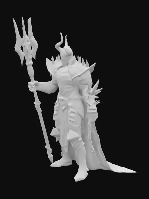 3D model for A towering vampire warden clad in heavy blackened armor, etched with crimson runes. His glowing red eyes pierce from beneath a horned helm. He wields a massive spiked mace, crackling with dark energy. His tattered cape flows behind him, stained with the blood of the condemned. Chains dangle from his gauntlets, rattling as he moves. His presence exudes an aura of relentless judgment and vampiric dominion.