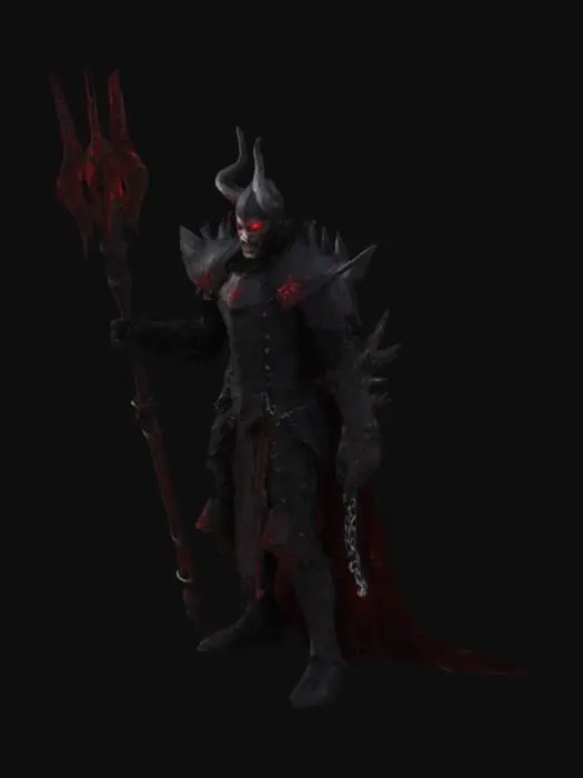 3D model for A towering vampire warden clad in heavy blackened armor, etched with crimson runes. His glowing red eyes pierce from beneath a horned helm. He wields a massive spiked mace, crackling with dark energy. His tattered cape flows behind him, stained with the blood of the condemned. Chains dangle from his gauntlets, rattling as he moves. His presence exudes an aura of relentless judgment and vampiric dominion.
