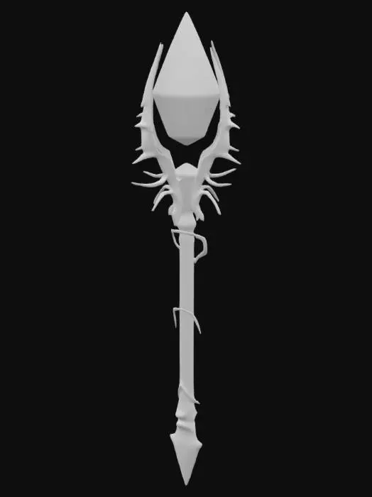 3D model for A sleek, low-poly crimson staff with a long, slender frame, adorned with sharp silver accents. At its peak, a glowing blood-red crystal pulsates with dark energy, encased in jagged, wing-like metal prongs. The staff's shaft is wrapped in black leather grips, tapering to a pointed, silver spike at the base. Blood-red runes spiral subtly along its length, pulsing faintly as if feeding on the wielder’s magic.